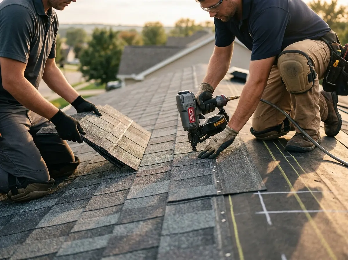 Professional roofer working on a residential roof in Macedonia